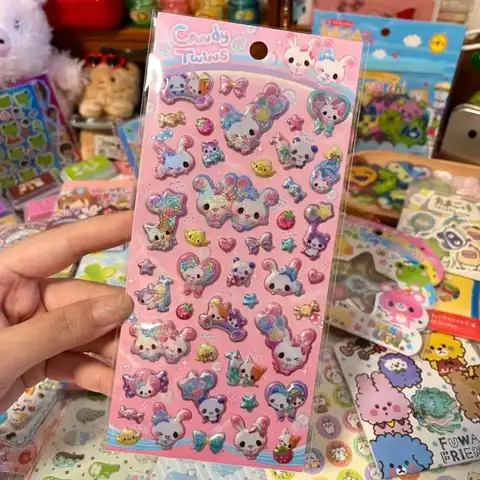 Bilashmart Pink Blue Rabbit Panda Three-Dimensional Bubble Cotton Square Block Sticker Diy Notebook Phone Case Camera Girl Birthday Gift