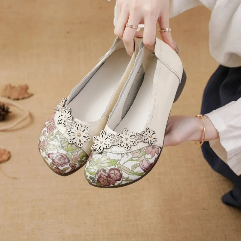 2025 حقيقية أحذية جلدية بدون كعب للنساء زهرة امرأة الشقق فام المرأة المتسكعون الربيع الصيف الانزلاق على الأحذية #2