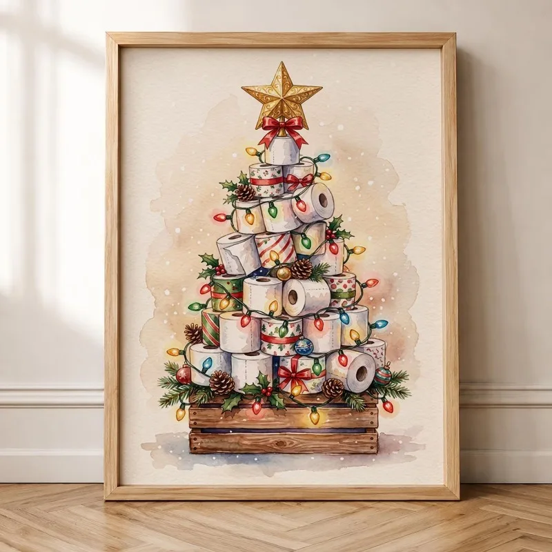 Funny Toilet Paper Christmas Tree Canvas Wall Art Bathroom Holiday Decor Unframed Canvas Print Cute Festive Restroom Wall Art