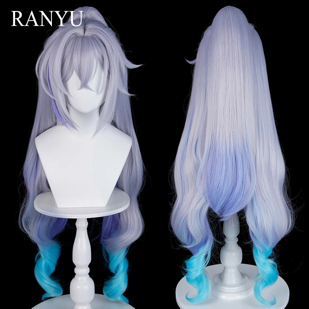 

Синий парик омбре с серыми прядями, длинный прямой синтетический парик с заколкой-хвостиком, пушистый парик для косплея в стиле аниме и игр, для повседневного использования