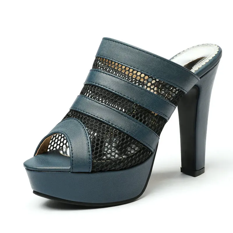 Big Size 35-50 Mesh Net Peep Toe Summer Women Slippers Platform Block High Heels Shoes Casual Yellow Slides Heeled Sandals