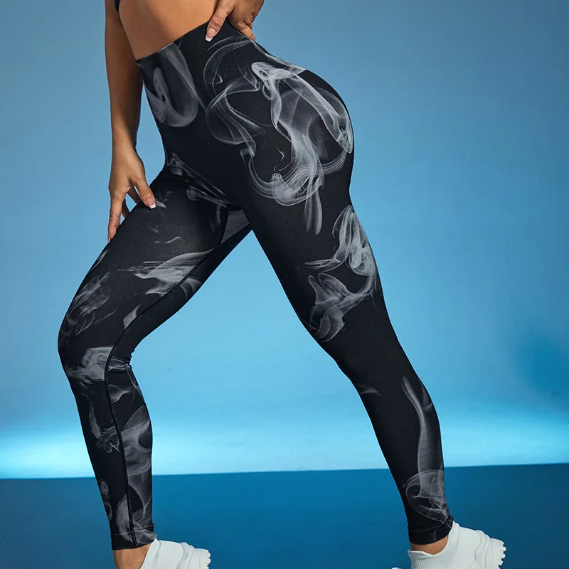 Leggings magros de cintura alta para mulheres, tie dye, calças justas sem costura de fitness, levantamento do quadril preto, treinamento de ginástica