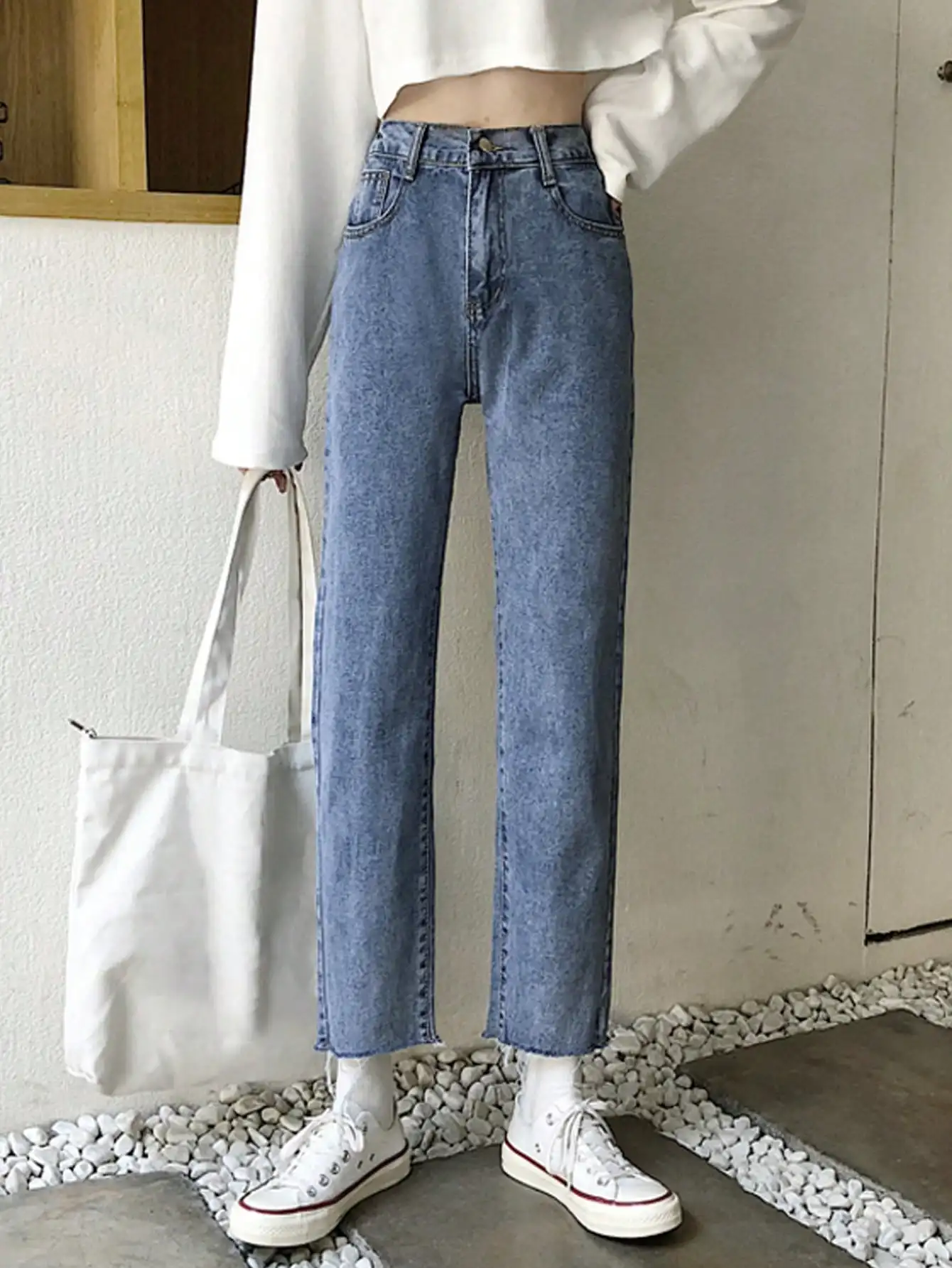 Korean Chic Early Autum Light Blue High-Waist Slim Straight Jeans for Small People to Look Taller Cigarette Pipe Nine-Point Pants