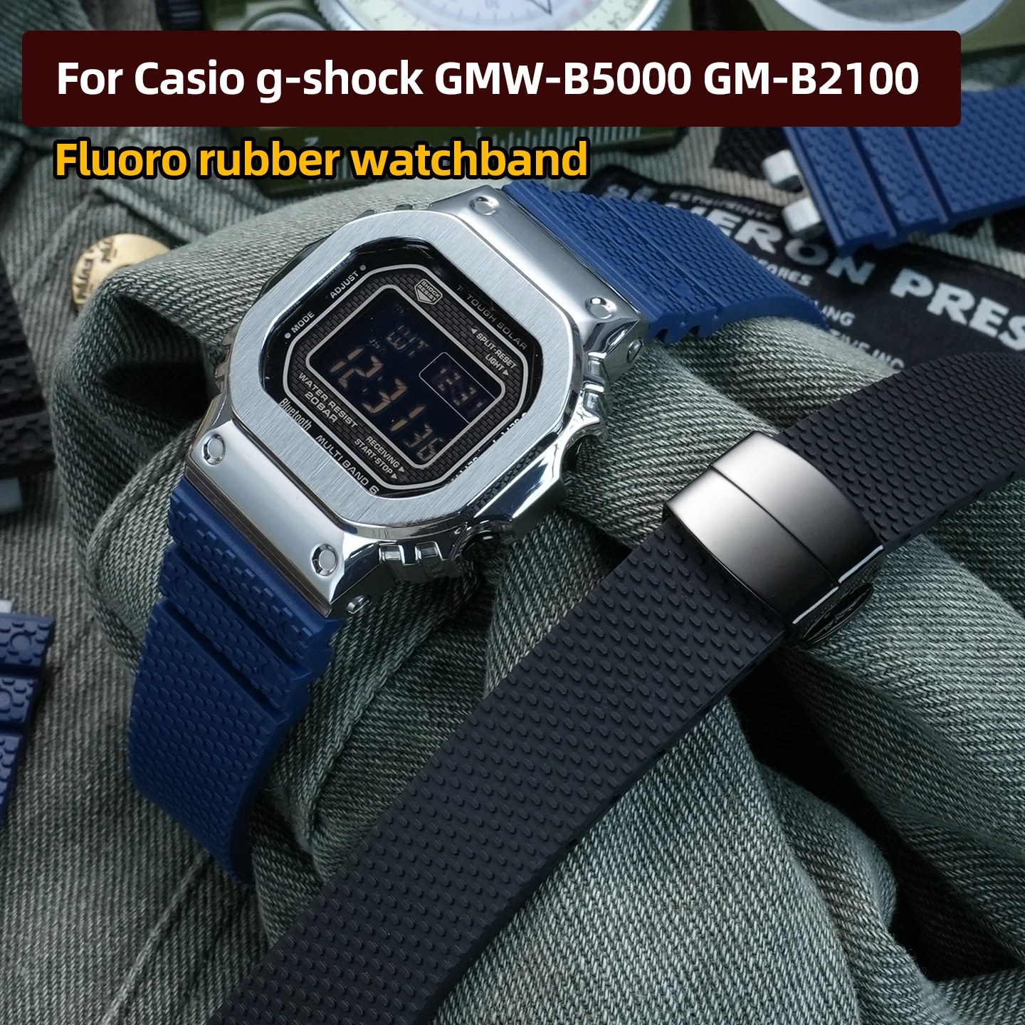 gmw b5000 Fluoro rubber watchband metal case Suit For Casio g-shock GMW-B5000 GM-B2100 Series modified models Folding buckle