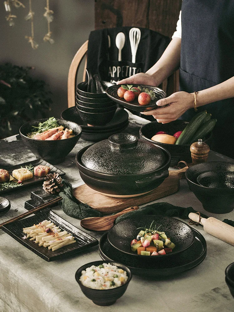 Japanese tableware set dishes and wind household black retro Nordic ceramic plate luxury high sense Chinese rice bowl.