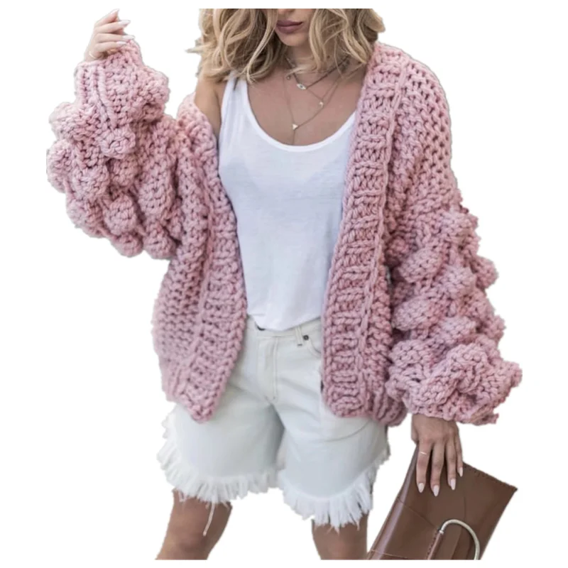 

New Hand Woven Ball Cute Solid Lantern Sleeve Sweater Coat Womens Sweater