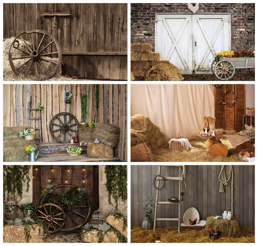 

Laeacco Rustic Barn Wooden Barn Doors Backdrop Hay Lights Rural Farm Theme Party Kids Adults Portrait Photography Backgrounds