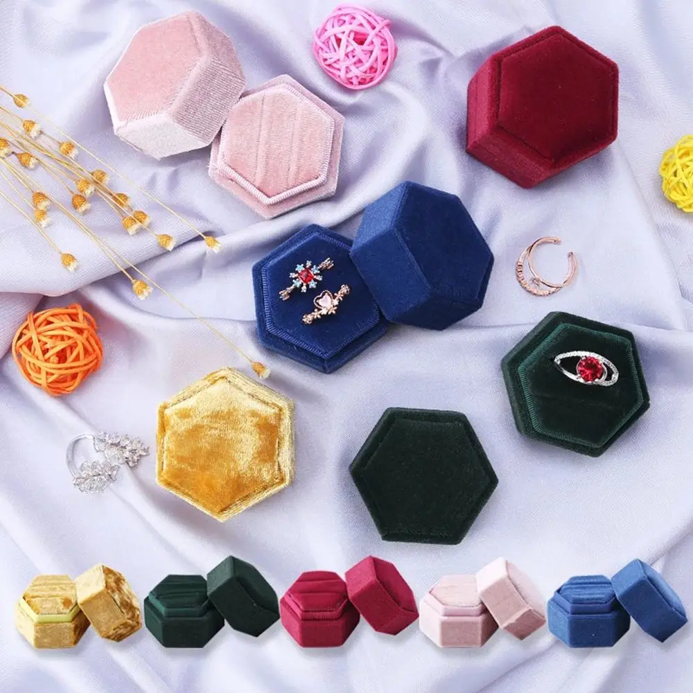 Wedding Colorful Hexagon Shape Velvet Jewelry Box Double Ring Storage Box Ring Display Box Earrings Storage Box