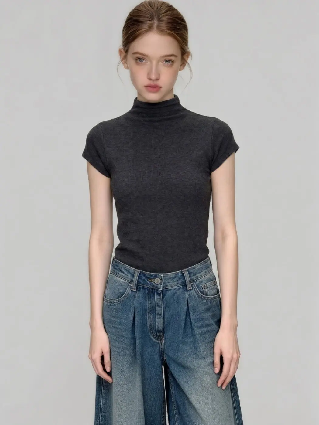 Black Half-High Collar Ice Silk Knitted Short Sleeve T-Shirt Women Summer Slim Fit Base Layer Shoulder Level Top Korean Style