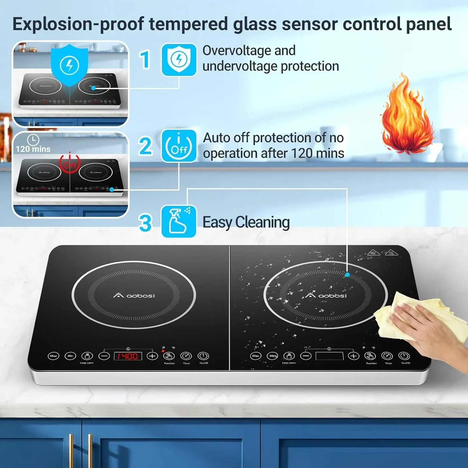 

Aobosi Double Induction Cooktop,Portable Induction Cooker with 2 Burner Independent Control,Ultrathin Body,10 Temperature