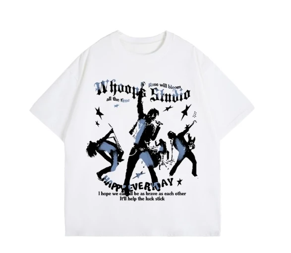 

2025 Fashion 100% Cotton unisex T-shirt with band performance pattern Whoops letter print casual short sleeved T-shirt