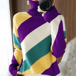 Autumn Winter New Turtleneck Long Sleeve Fashion Sweater Women High Street Contrast Color Pullovers Casual Elegant All-match Top