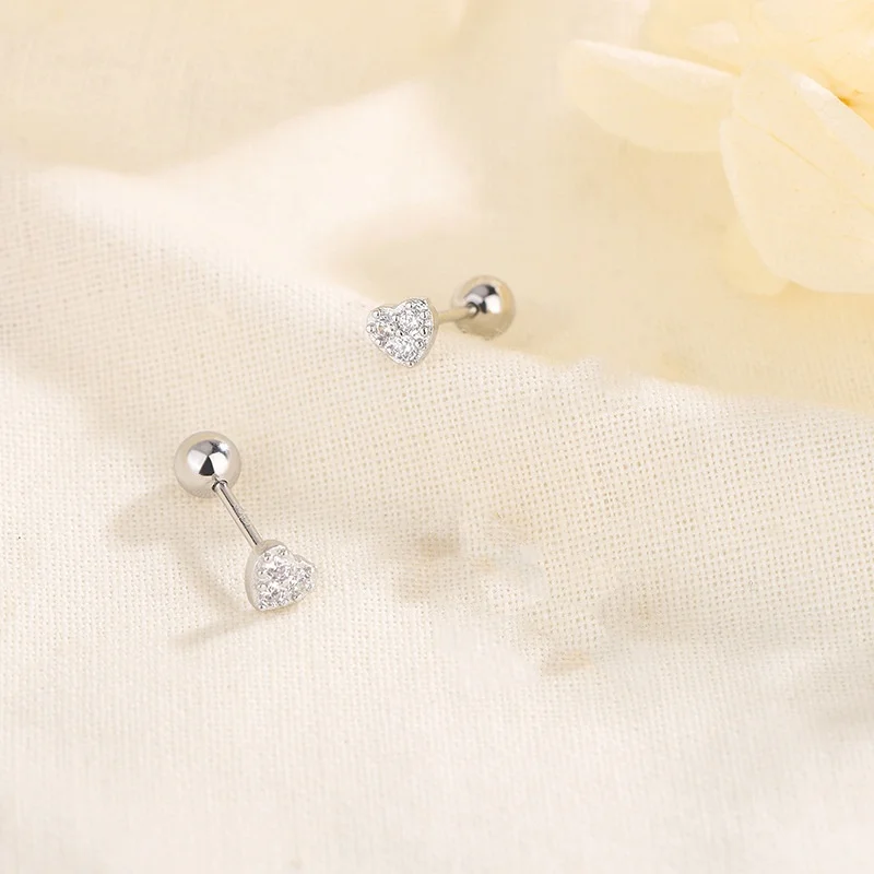 Fashion Screw Helix Piercing Heart Stud Earrings For Women Cubic Zirconia Hypoallergenic Silver Color Earring Girls Jewelry Gift