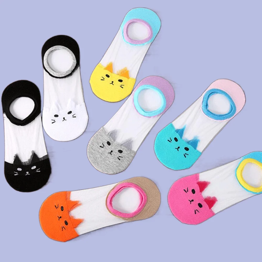 5 Pairs High Quality Women's Cute Cat Cartoon Socks Thin Crystal Silk Transparent Boat Socks Female Cotton Sole Invisible Socks