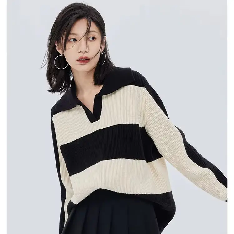 Polo collar pit stripe contrast off-shoulder cashmere top spring and autumn black and white long-sleeved striped sweater