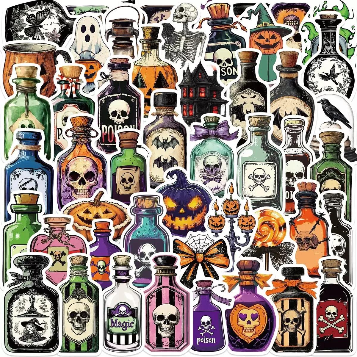 

10/50pcs Vintage Halloween Potion Bottle Horror Stickers Aesthetic Retro Goth Skull Decals Suitcase Laptop Decorative Sticker