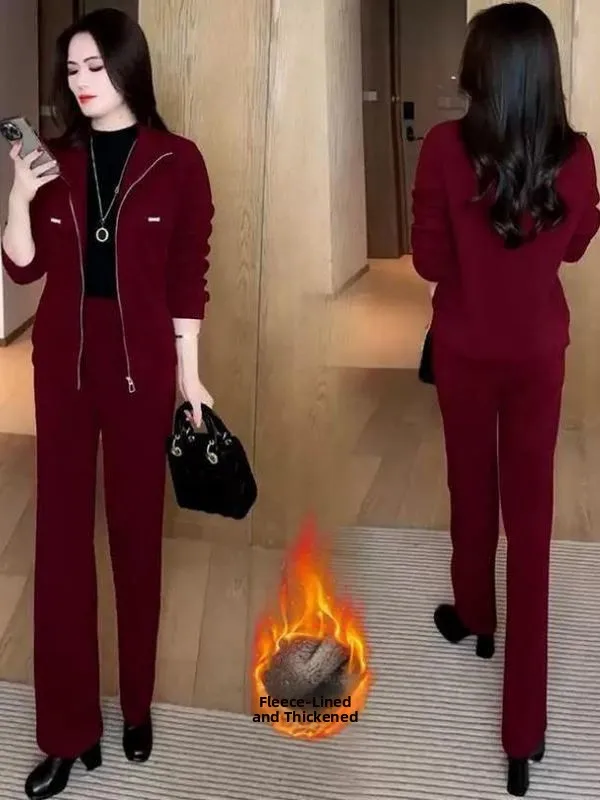 

Thiened Fce Lined Jaet And Wide Leg Pants Two Piece Set for Older Women Winter Warm Outfit plus Size Korean Sle Commute