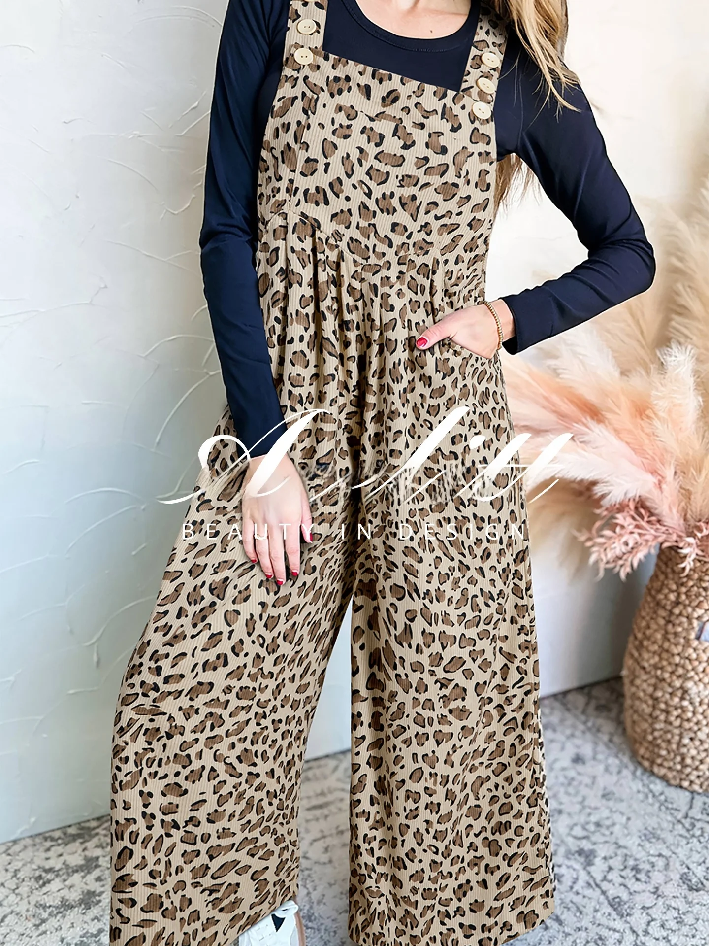 

Acelitt Trendy Leopard Print One-Piece Pants Women's Autumn New Sle High Waist Wide Leg Jumpsuit Faionable Commute Wear