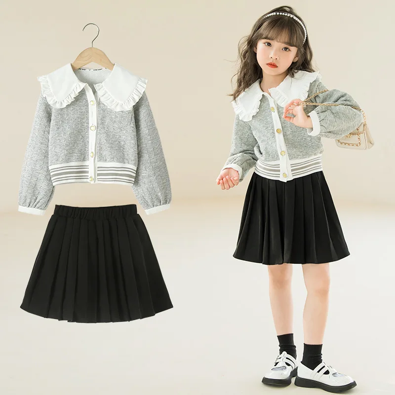 ZOETOPKID Peter Pan Collar Long Sleeves Coat and Pleated Skirt Grils Children Fashionable Spring Autumn Casual 2 Piece Set