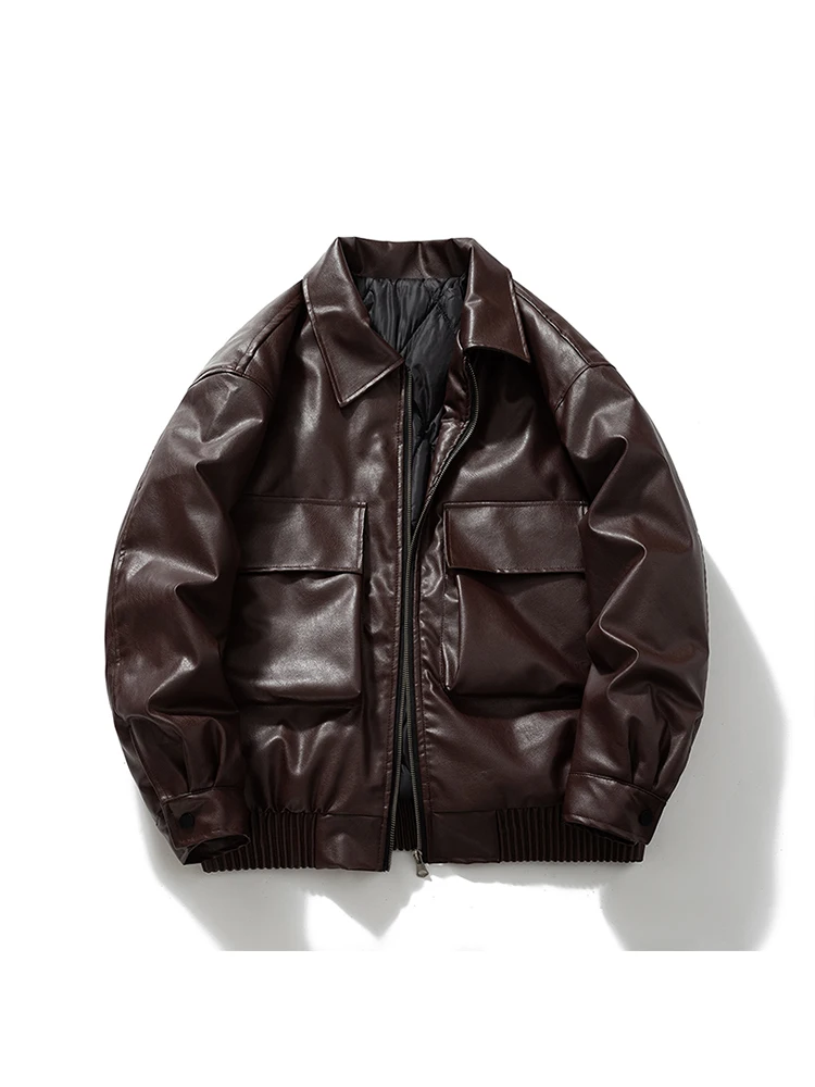 

Casual Youthful PU Leather Jaet Stand Collar Workwear Sle Men's Personali Winter Outerwear Long Sve Zipper Closure