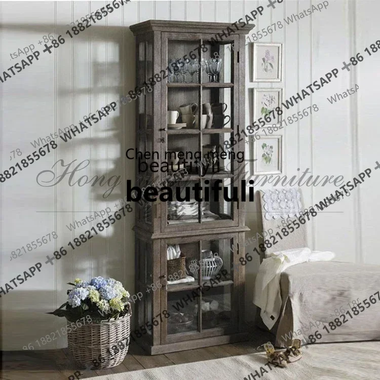 

X Q American retro solid wood bookcase edge French display locker glass door