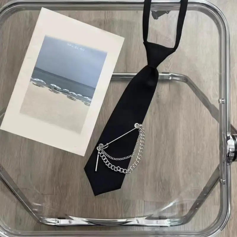 Punk Long Chain Metal Pin Necktie Adjustable Pre Tied Tie Student Shirt Collar 