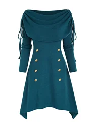 European and American fashion casual women's solid color ruffled lapel button decoration irregular knitting plus size dress wome