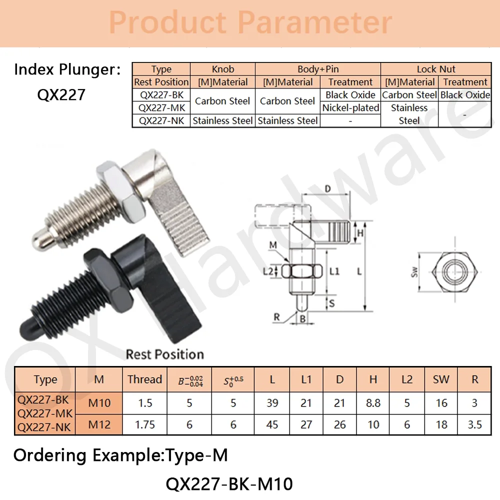L Menangani Indeks Plunger QX227 Stainless steel/Baja karbon Mur Kunci Ditarik Pin Plunger Kepala Bulat Pin Kunci