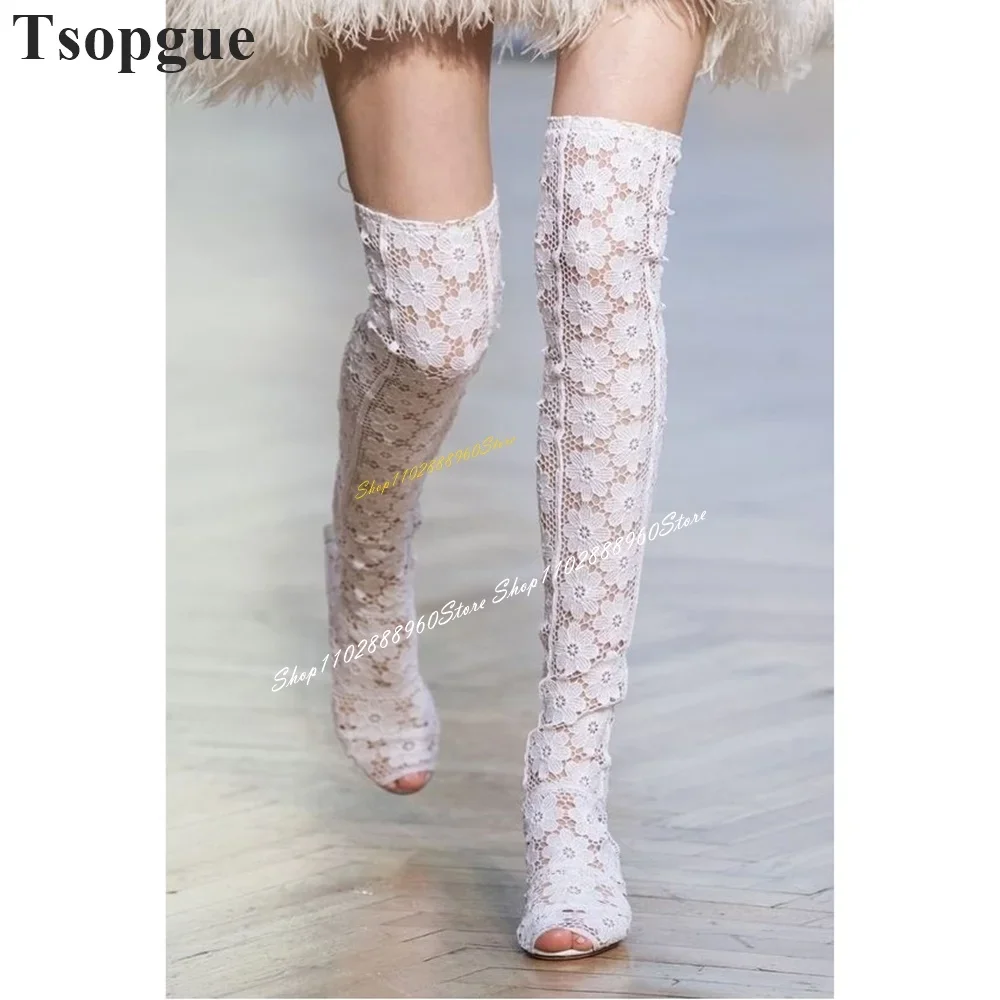 

Gentle Over The Knee White Lace Cross Tied Boots Thick Heel Shoes For Women Lace Up Peep Toe 2024 Fashion Zapatos Para Mujere