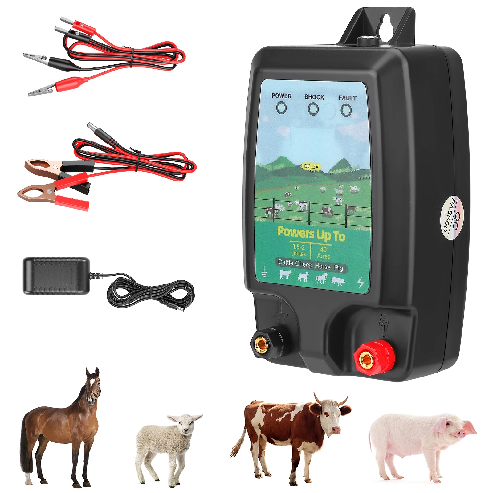 Électrificateur de clôture électrique 10KM, Joule 1.5 ~ 2J avec contrôleur d'électrificateur 12V pour ferme, bétail, vaches, bétail, cheval