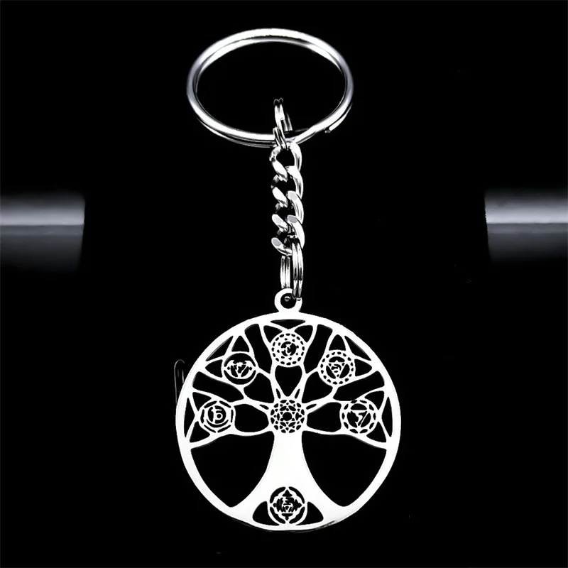 7 Chakra Tree of Life Mandala Yoga OM Key Chain Women Men Silver Color Stainless Steel Charm Keyring Buddhist Jewelry K6111S08