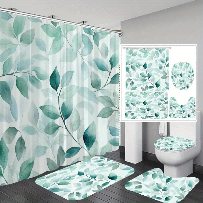 

4-piece fresh green leaf pattern set, shower curtain, non-slip floor mat, toilet seat cover, bathroom mat with hooks