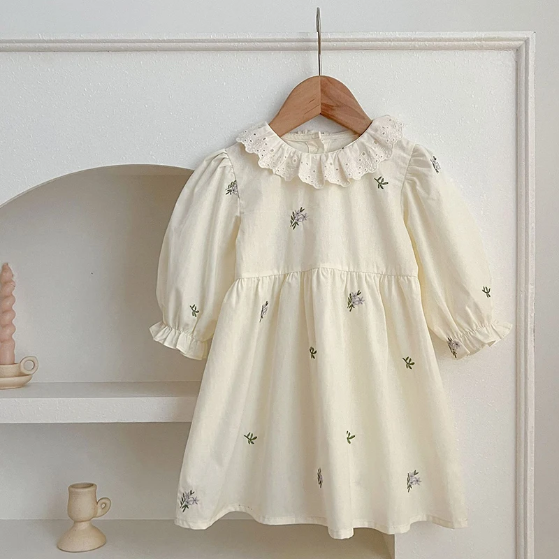 Girls Puff Sleeved Birthday Party Dress Autumn Kids Dress Vestidos Cotton Children Elegant Embroidered Flowers Dresses Clothes