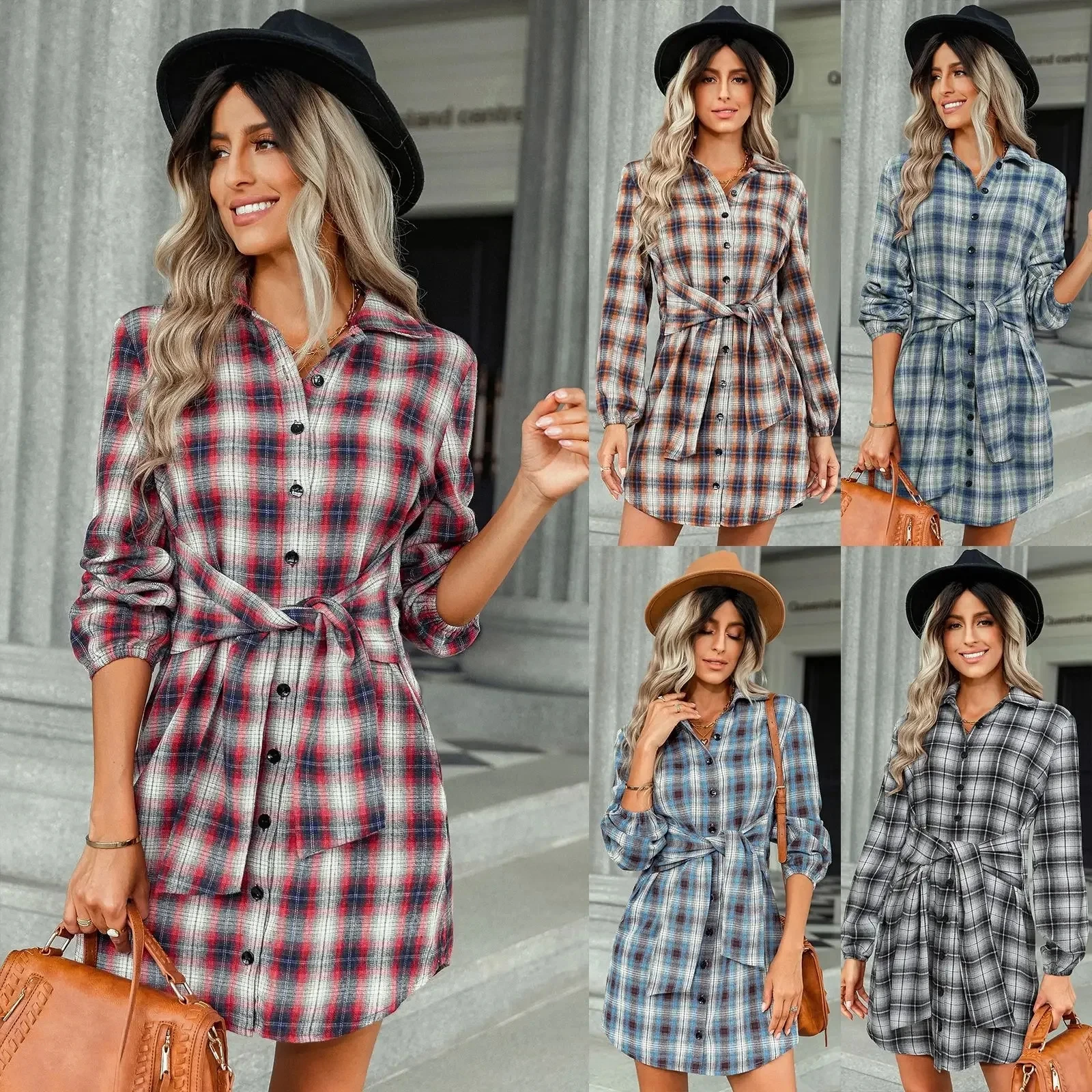 New Casual Belt Tops Femme Fashion Women\'s Long Sleeve Henley Color Block Plaid Tunic Shirt Dress Autumn Women Tee Shirts Blouse