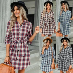 New Casual Belt Tops Femme Fashion Women's Long Sleeve Henley Color Block Plaid Tunic Shirt Dress Autumn Women Tee Shirts Blouse