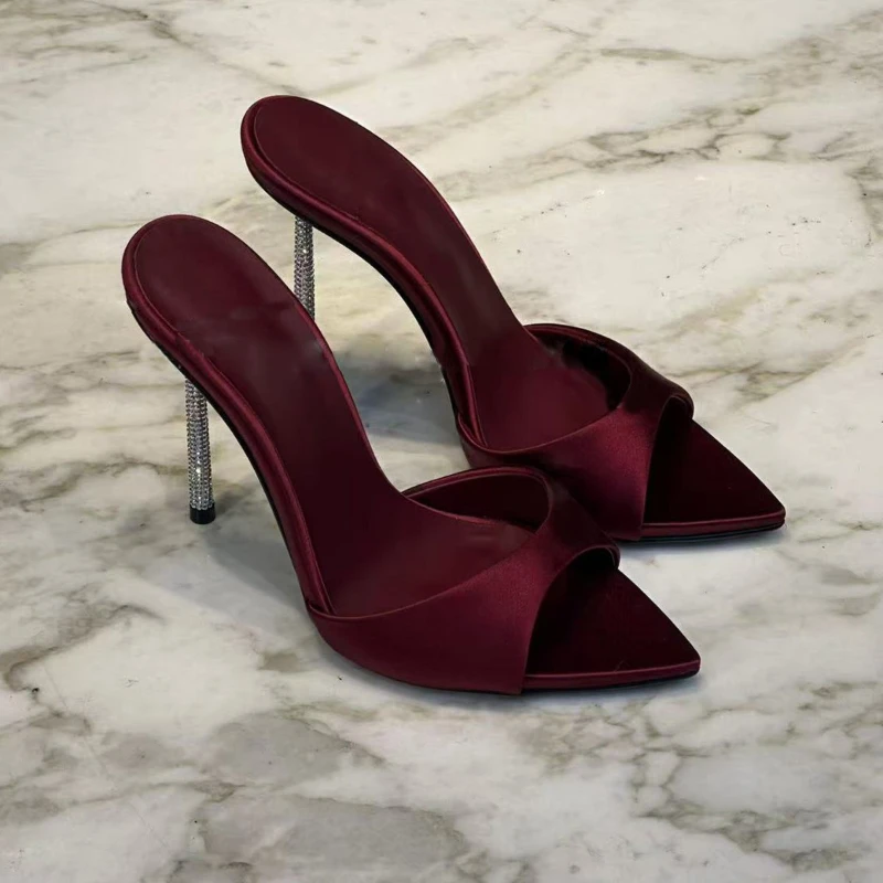 New Crystal Heel High Heel Sandals, Sexy Pointed Toe Stiletto Slip-on Slippers, Rhinestone Decor Summer Dress Shoes for Women image 2