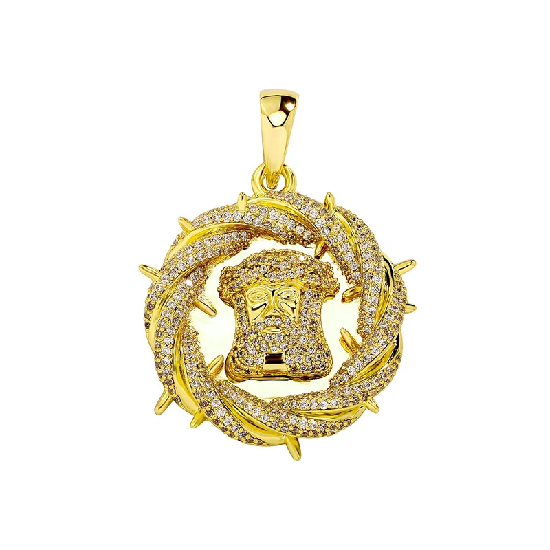 Hip Hop 5A+ CZ Stone Bling Iced Out Thorn Crown JESUS PIECE Round Pendant Necklace for Men Rapper Jewelry Gold Silver Color