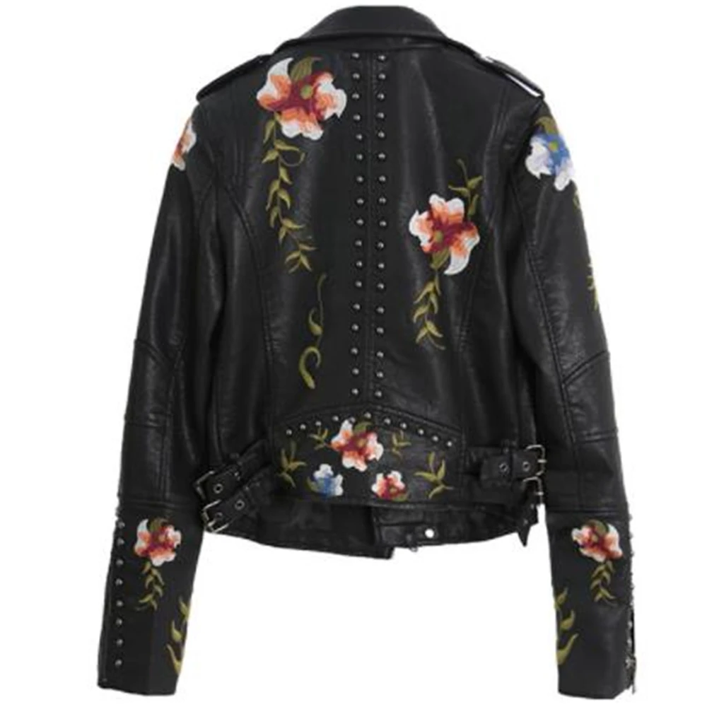 Cuero Jaqueta Moto Curta Para Mulheres, Couro PU, Bordado Floral, Rebite, Manga Comprida, Turn Down, Oblíqua, Zíper, Motociclistas, Casaco De Inverno