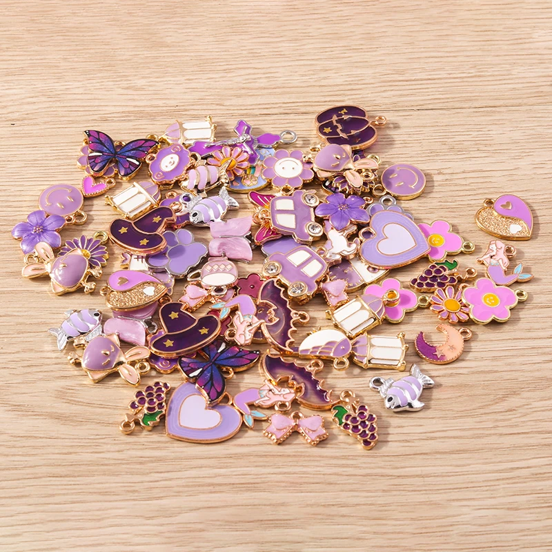 Tusember Mix 30 sztuk emalia Charms fioletowa seria zwierząt serce wisiorki kwiatowe na ręcznie robione akcesoria do wyrobu biżuterii DIY Craft