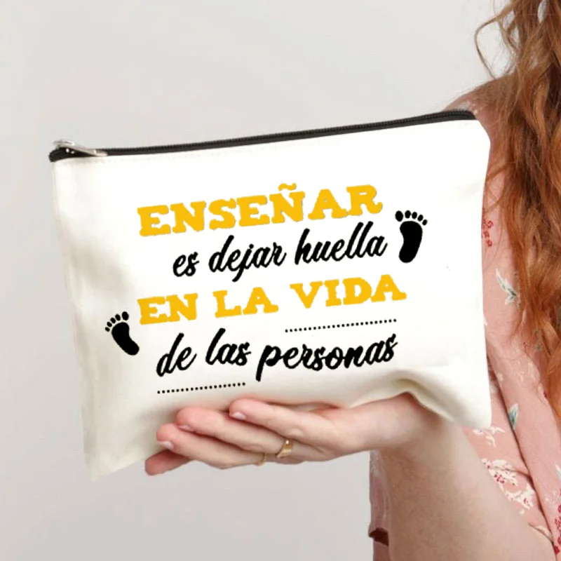 Spanish Printed Makeup Pouch Pencil Case Teacher Life School Stationery Supplies Storage Bags Travel Makeup Wash Organizer Gifts