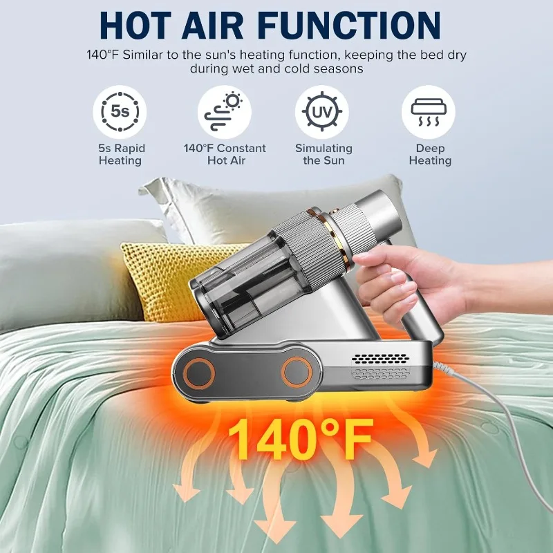 듀얼 드럼 브러시가 있는 휴대용 침대 진공 매트리스 청소기, 500W 파워 매트리스 청소기, 빠른 먼지 제거 (유선)