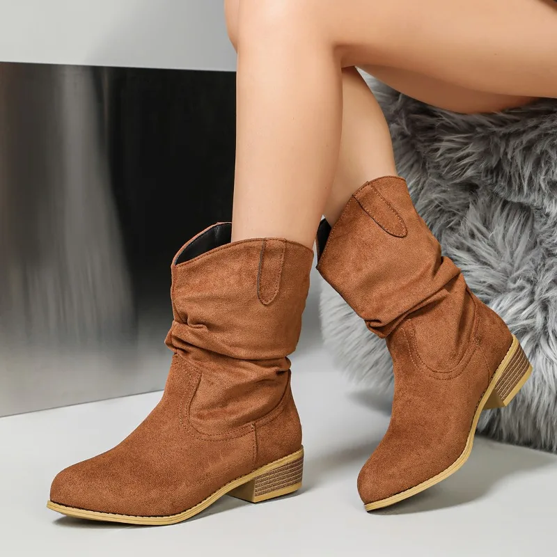 Women Brown Suede Mid Calf Boots 4cm Block Heel 20cm Slouch Shaft Wearproof Sole Slip-on Casual Autumn Winter Daily Shoes