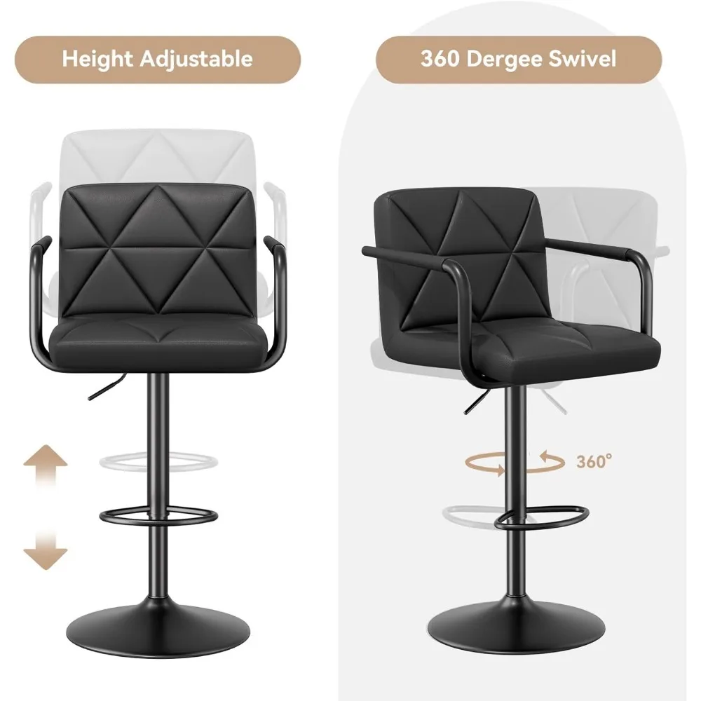 Bar Stools Set of 4, Seat Adjustable Height 25.5-34.5IN Barstools with Back & Arms, Swivel PU Leather Upholstered Square