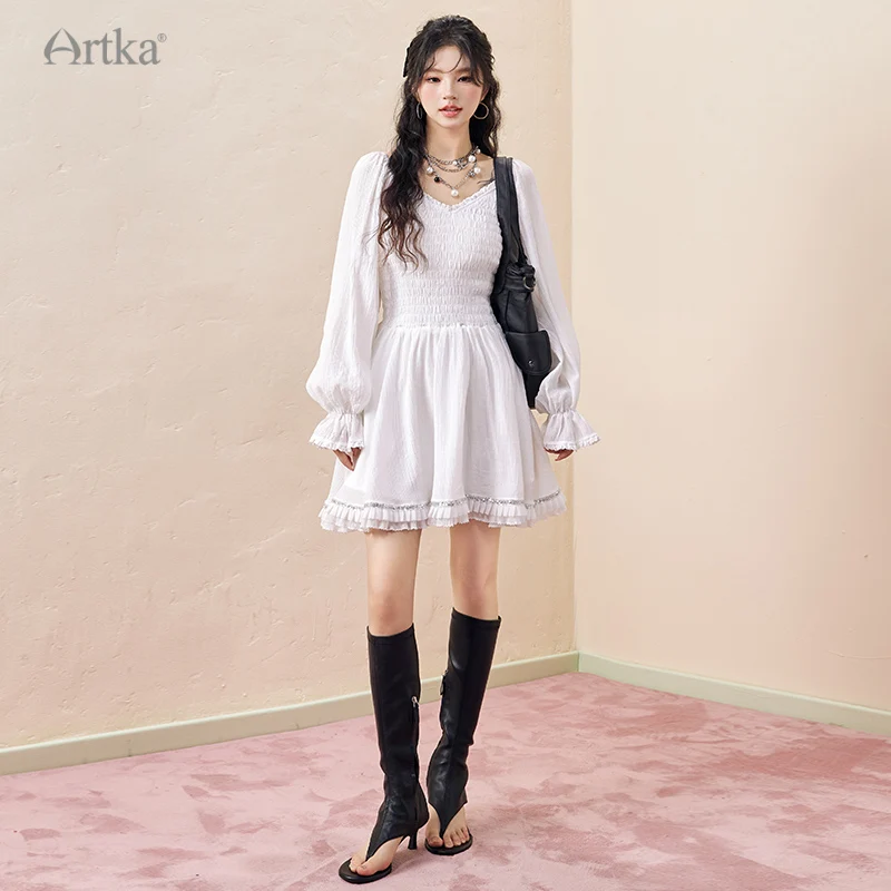 ARTKA-Robe mi-longue blanche à manches longues bouffantes pour femme, élégante, élastique sur la poitrine, taille haute, col en V, nouvelle collection automne 2023, LA92336Q