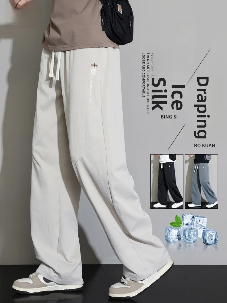 

Мужские летние легкие свободные брюки прямого кроя из ледяного шелка, быстросохнущие, дышащие, модные повседневные