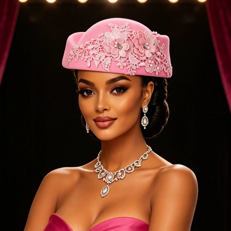 Elegant British Vintage Felt Beret Hat Lace Floral Pearl Women Church Derby Hat Wedding Party Formal Headwear Cap African Geles