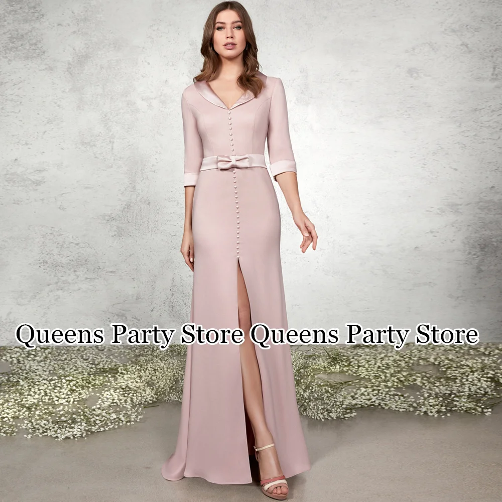 

Brush Pink Mother of The Bride Dress Modest 3/4 Sleeves V Neck Bow Buttons Front Slit Women Wedding Guest Gown Evening Dresses