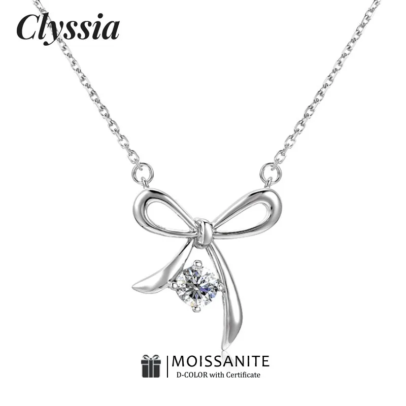 

CLYSSIA Fashion Trendy 925 Silver Luxury Moissanite Bowknot Pendant Necklace Charm Women Accessories Party Jewelry Gift