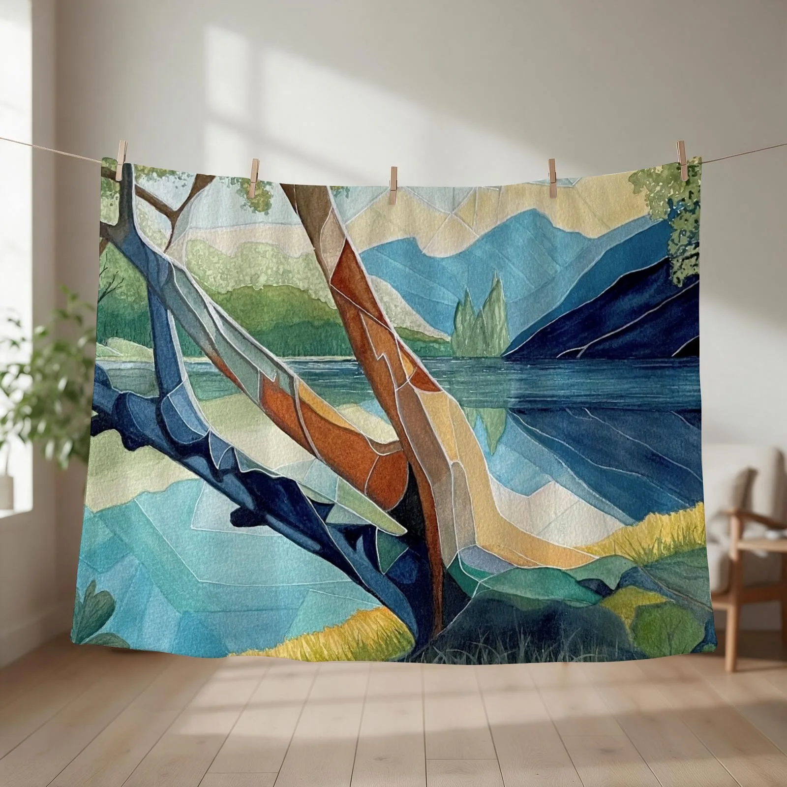 Abstract watercolour of an old gum tree and mountains reflected on the river Throw Blanket