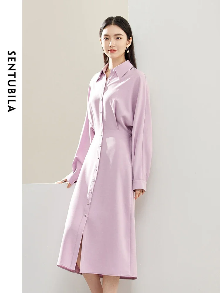 

SENTUBILA Batwing Sleeve Shirt Dress For Women 2025 Autumn Elegant Fashion Elastic Waist Button Down Midi Dresses Lady 141L53441